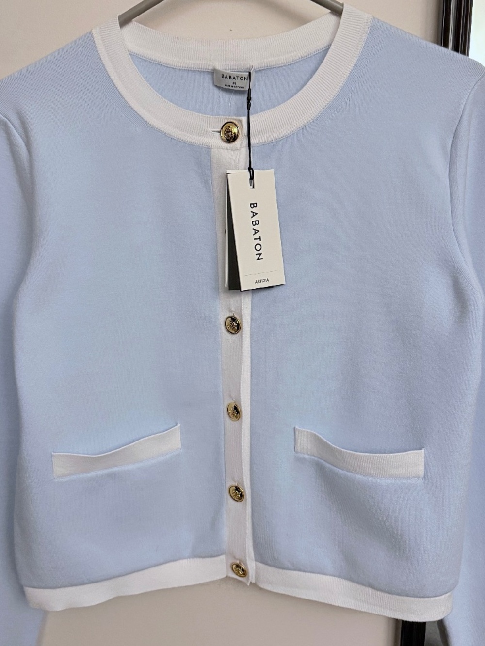 Babaton Pale Blue Cardigan with Cream Trim